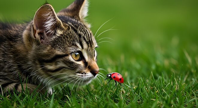Curious Kitten Gazes at a Vibrant Red Ladybug in Green Grass