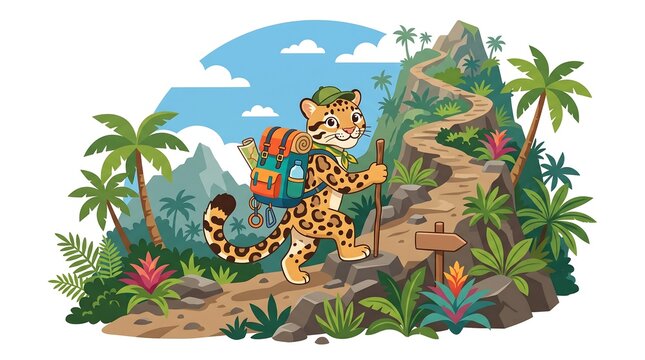 Cute Sunda clouded leopard working as a mountain explorer, wearing a small backpack and using a walking stick while climbing a stylized tropical mountain trail, colorful cute flat illustration