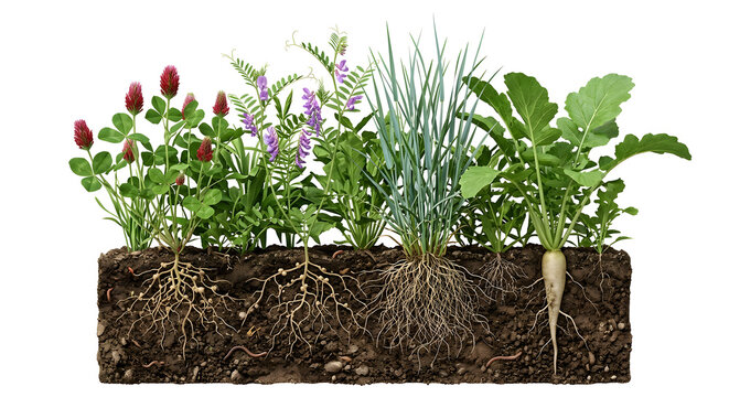 Scientific 3D Cross-Section Render of Green Manure Cover Crops and Root Systems for Regenerative Agriculture