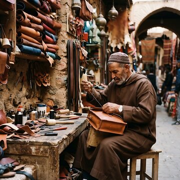 A Skilled Moroccan Artisan Meticulously Staining and Sewing Traditional Leather Goods in a Bustling Fez Tannery Souk Marketplace