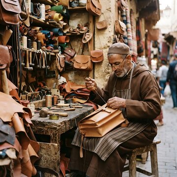 Skilled Elderly Artisan Handcrafting Traditional Leather Satchel in an Ancient Moroccan Market Workshop