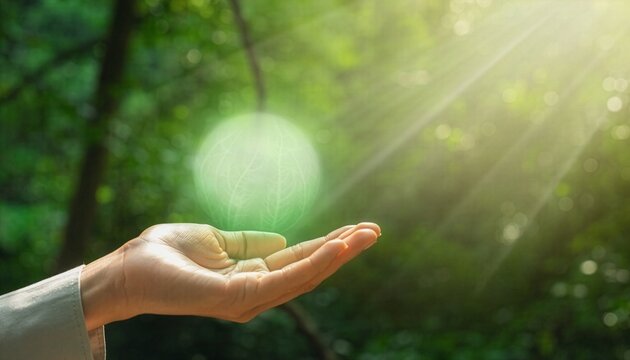 Open hand with a green glowing orb in a sunlit forest