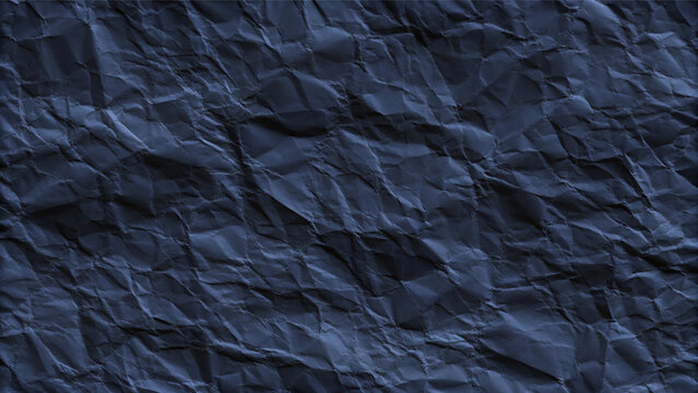 Abstract black crumpled paper texture with deep folds and rough surface, dark grunge background for posters, branding, packaging, overlays and creative design.
