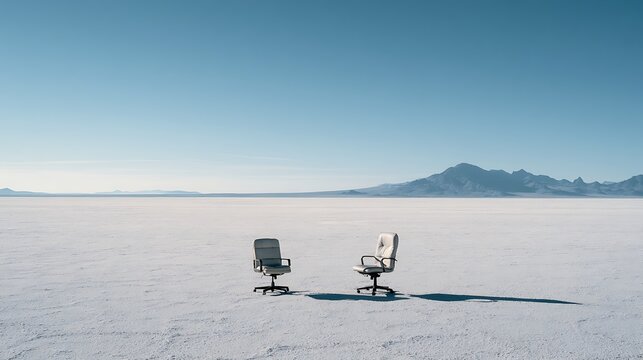 Two office chairs sit on a vast desert salt flat under a clear blue sky. Concept for business isolation or remote work.