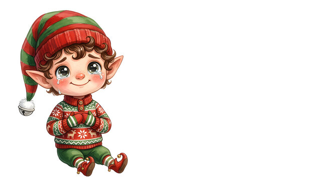 A deeply touching fully cartoon illustrated Christmas elf smiling through sparkling tears of happiness, enormous expressive eyes, rosy cheeks, gentle joyful smile, pointed ears, red-and-green floppy 