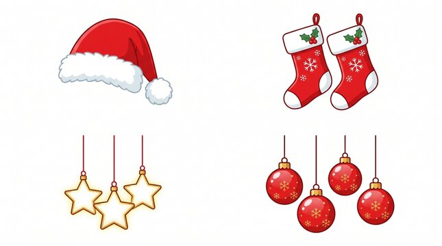 A set of classic Christmas element icons, including a Santa hat, stockings, glowing star ornaments, and red baubles.