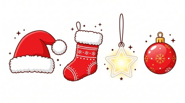 ​A set of four cute Christmas vector illustrations: a Santa hat, a stocking, a glowing star ornament, and a red bauble, isolated on a white background. 