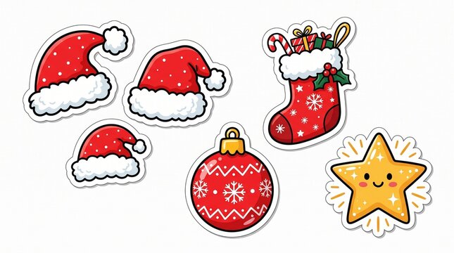 A 3D realistic collection of Christmas elements on a white background, featuring red Santa hats, a knitted stocking, a glossy red ornament, and a glowing golden star.
