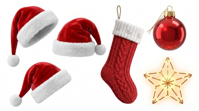 ​A set of Christmas items including Santa hats, a knitted stocking, a red bauble, and a lighted gold star isolated on a white background.