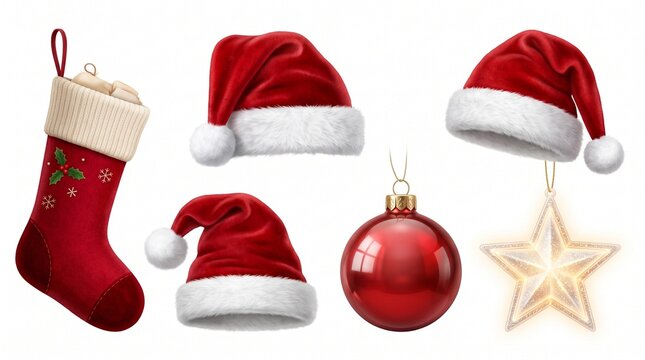 A realistic set of Christmas elements including three Santa hats, a festive stocking, a glossy red bauble, and a glowing star ornament isolated on a white background.