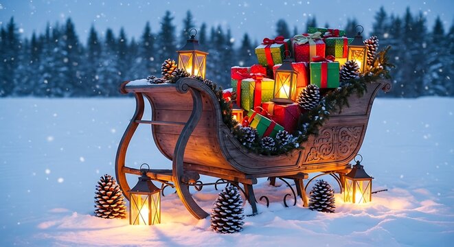 Vintage wooden sleigh filled with christmas gifts and lanterns in a snowy forest clearing christmas presents