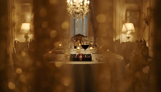 Luxury romantic fine dining table setup with wine glasses and chandelier in warm golden light