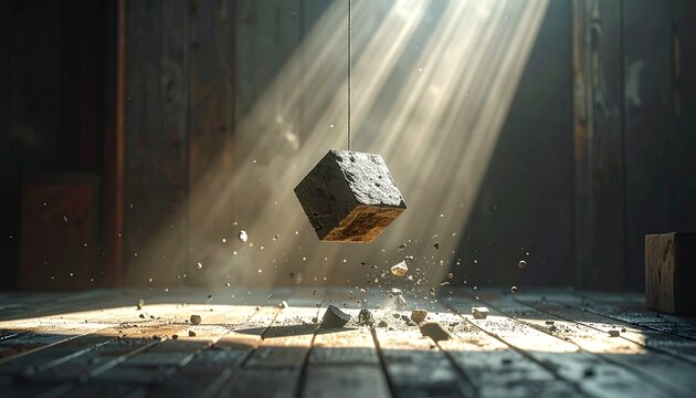 Suspended Stone Cube with Falling Debris in Dramatic Industrial Interior