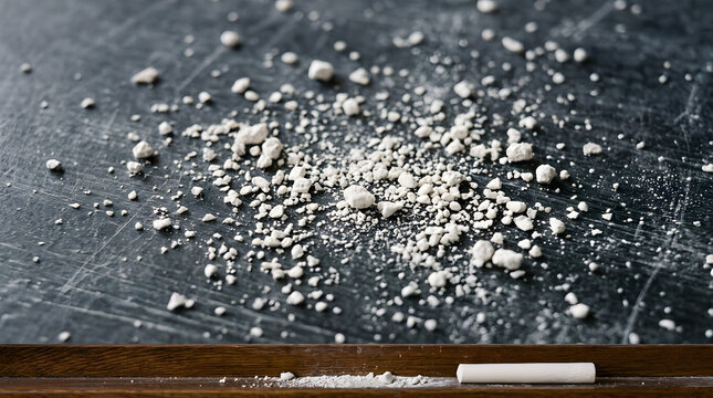 Chalk dust and pieces scattered on dark blackboard surface