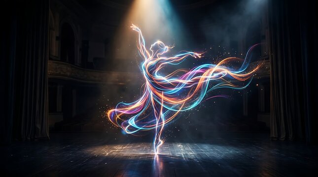 Ethereal ballerina dancing on stage with glowing light trails and artistic motion.