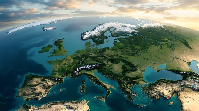 Aerial view of the European continent from space showing geography and coastlines.