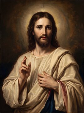 Jesus christ portrait in light robes raises right hand in blessing against a glowing warm halo background.