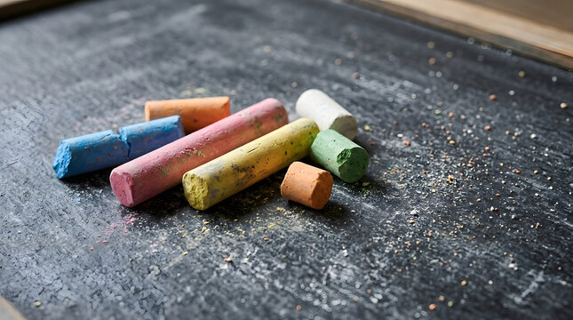Colorful chalk sticks scattered on dark blackboard surface