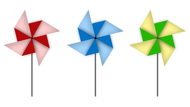 animation of origami paper pinwheels with shadow effects on a transparent background, animation of three paper pinwheels in different colors, namely red, green, and blue