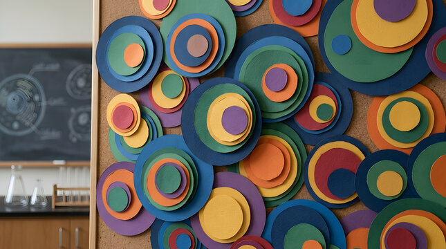Colorful layered paper circles art on cork bulletin board