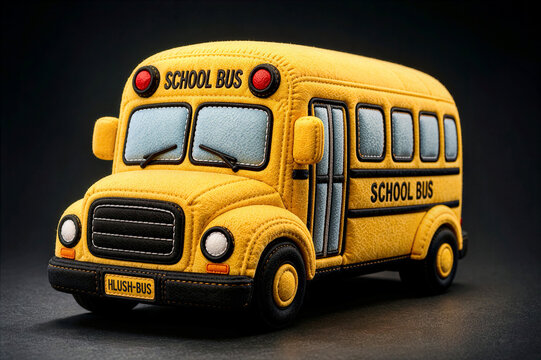 Realistic Yellow Plush School Stuffed Bus Toy with Stitched Fabric Details on a Black Background