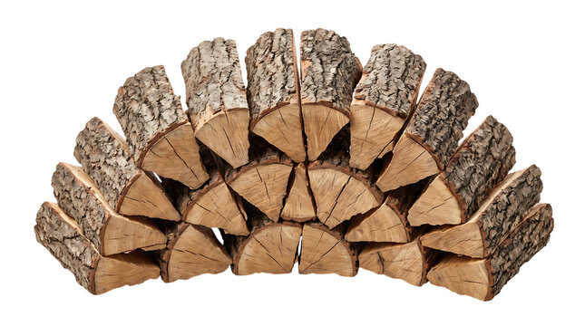 A neat semi circular stack of split firewood logs arranged symmetrically isolated on a solid black background perfect for home heating and winter fuel concepts