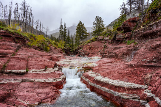 View of the red argillite rock formations and flowing stream in Waterton Lakes National Park in Waterton Park, Alberta, Canada.
