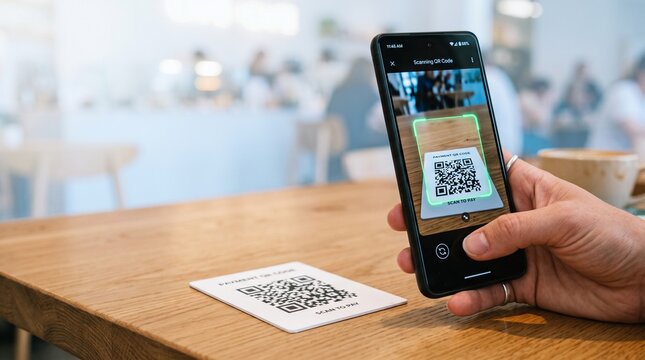 QR code payment scanning with smartphone in cafe holding mobile phone to pay bill on wooden table. High-tech contactless transaction for modern business retail environment and customer