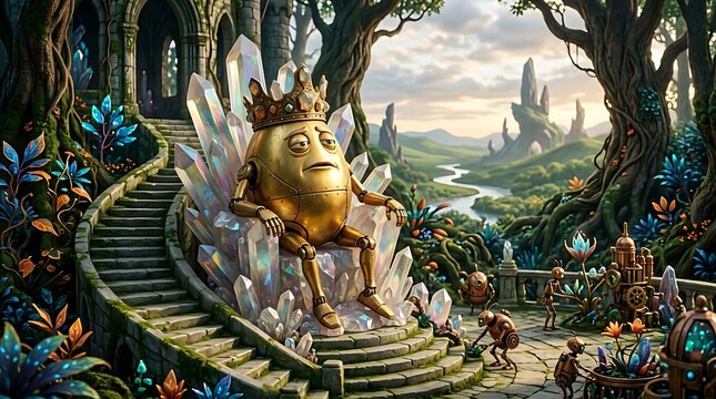 Golden egg king sitting on a crystal throne in a magical fantasy forest landscape.