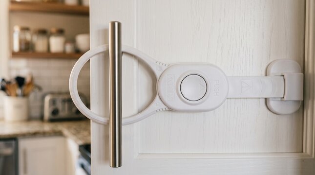 Child safety lock installed on white kitchen cabinet door with stainless steel handle. Plastic baby proofing latch device protecting curious toddlers in residential home kitchen background.