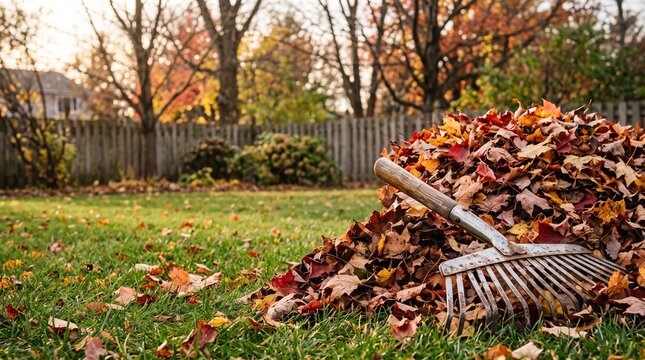 Autumn leaves yard cleanup with a metal rake lying on a large pile of colorful foliage. Perfect for seasonal landscaping, gardening maintenance, and outdoor backyard chores.