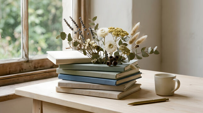 Stack of books with dried flowers on wooden desk by window