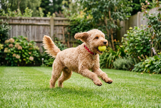 Fluffy cockapoo dog running on grass with tennis ball