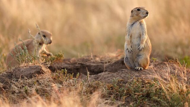 Black-tailed prairie dog (Cynomys ludovicianus) colony, watching for danger at the burrow, Black hills of South Dakota.