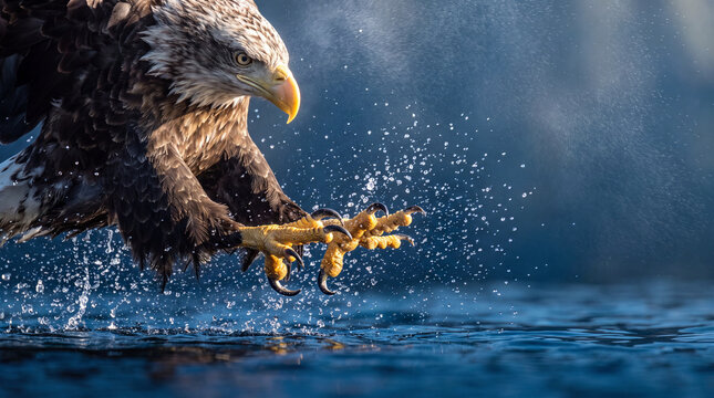 Eagle bird in mid action catching prey from water with sharp claws splashing water droplets in natural habitat