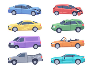 Fototapeta premium Set of various damaged and crashed vehicles in flat vector illustration style.