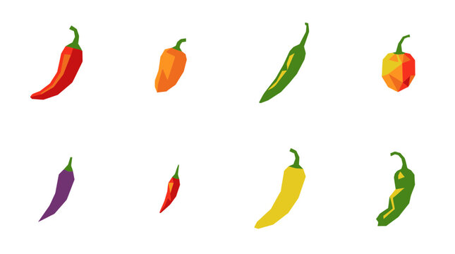 Set of colorful low poly chili peppers isolated on a white background.