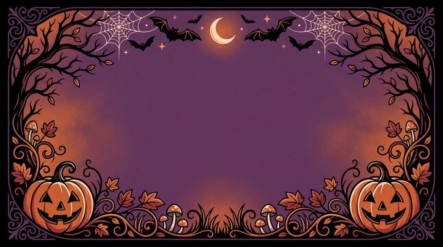 A spooky halloween border featuring carved pumpkins and creepy silhouettes against a dark purple moonlit night sky background design