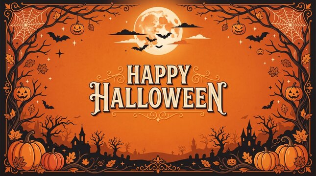 A festive happy halloween background featuring a glowing full moon dark trees and carved pumpkins for seasonal holiday celebrations