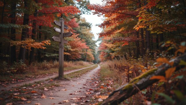 Wooden signpost standing along a dirt path through vibrant autumn forest trees