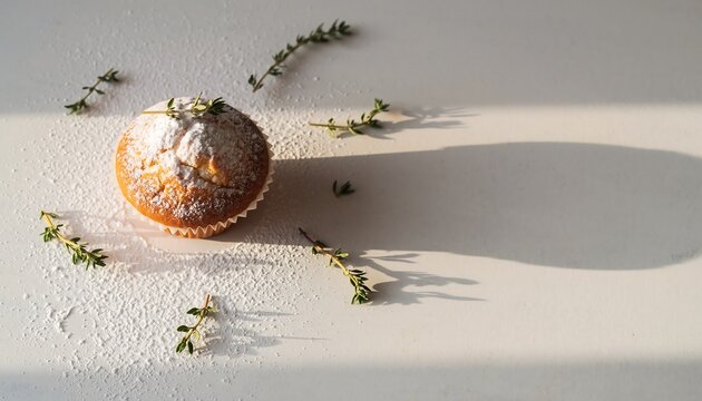 Delicious muffin with powdered sugar and herbs placed on a clean white surface with a dramatic shadow