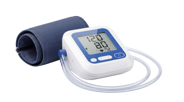 Digital blood pressure monitor with arm cuff, automatic sphygmomanometer for home healthcare, medical diagnostic equipment on white background