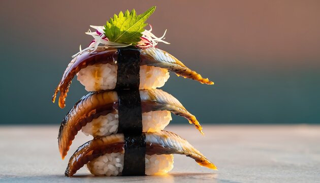 Stacked Ebi Shrimp Nigiri Sushi With Glazed Seafood Nori And Mint Leaf Garnish On Gradient Background