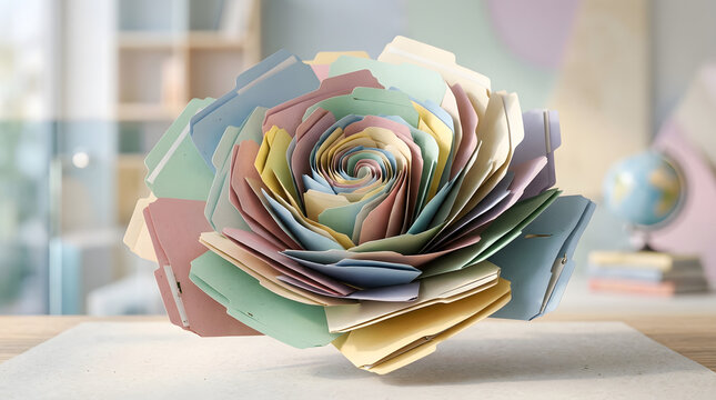Colorful paper file folders arranged in spiral rose shape