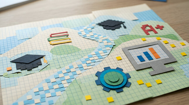 Paper craft education concept with academic icons on grid