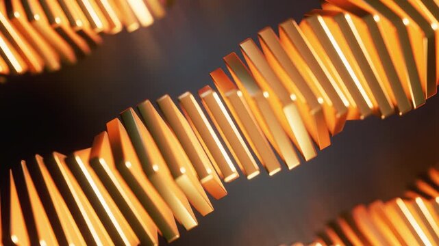 Abstract 3D animation of glowing golden geometric bars twisting in a spiral. Seamless infinite loop set against a dark blue background. Futuristic, high-tech motion graphics for dynamic backgrounds.