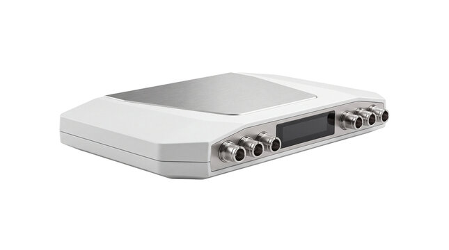Professional signal booster device, cellular repeater hardware with digital display, white telecommunications amplifier on white background