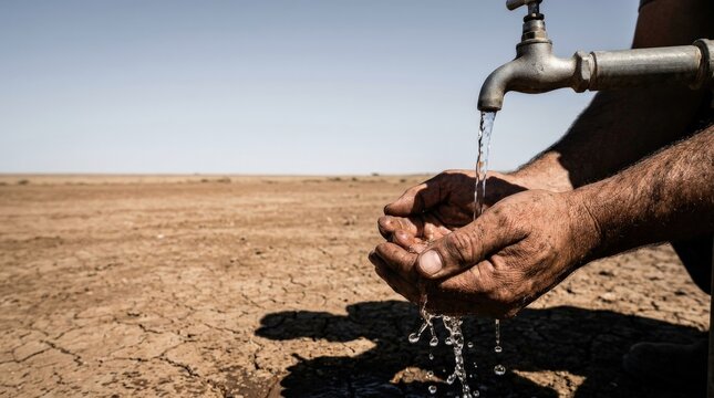 Close-up of weathered hands cupping water from a metal tap over cracked earth