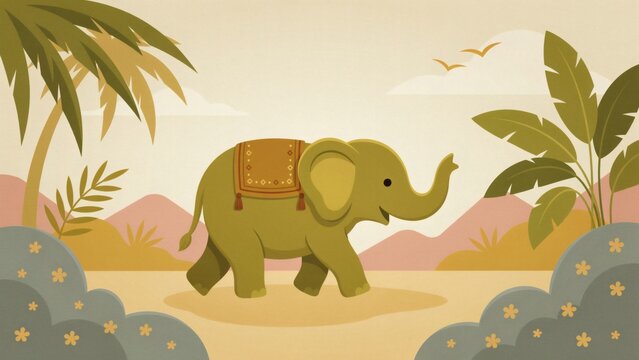 Whimsical cartoon elephant walking through lush tropical landscape decorative illustration with stylized sunlit tropical