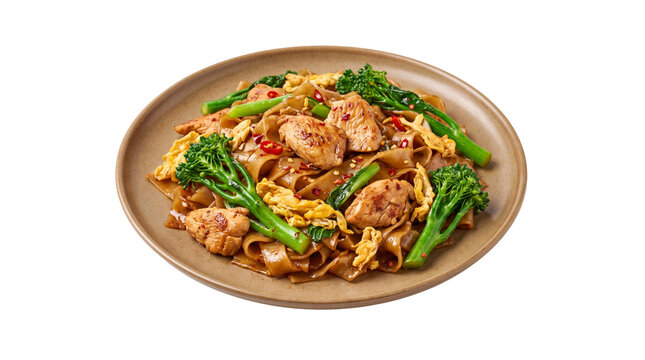 Authentic Pad See Ew noodles with chicken and broccoli. Stir-fried Thai rice noodles on plate. Savory Asian cuisine meal.